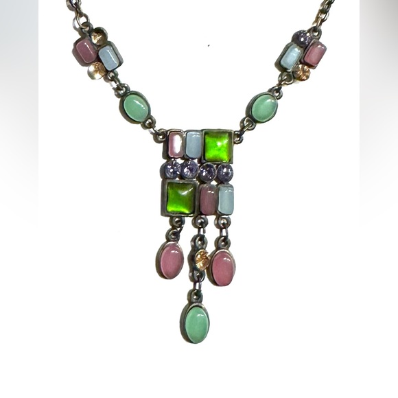 MCM Necklace ,Chain PeriwinkleGreen,Rose,MetalChain Cabachon&Glass - Picture 3 of 6